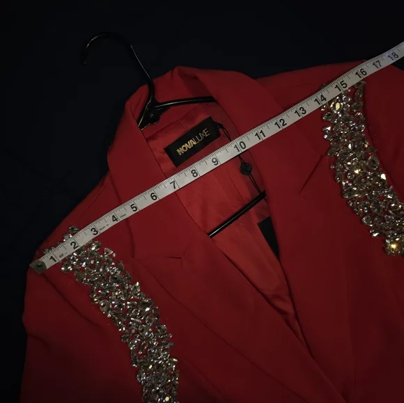 Fashion Nova Red Embellished Shoulder Blazer & Flared Pants - Picture 4 of 6